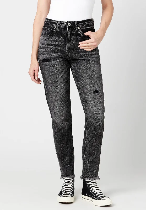 Metal Button Jeans for Classic -Margot Mom Jeans in Distressed Black - BL15860