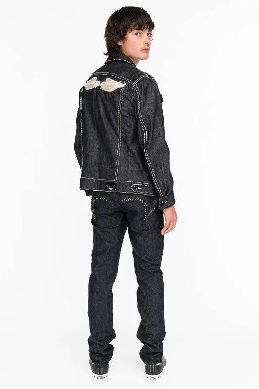 Light Wash Jeans for Casual -MENS RAW DENIM SLIM FIT KILLER FLAP JEANS WITH O.E. BLACK SCRIPT EMBROIDERY AND CRYSTALS