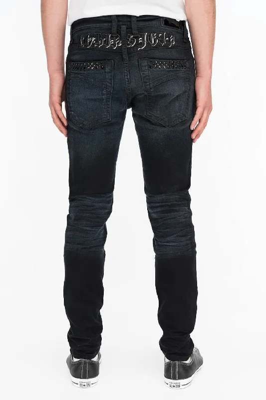 Zipper Fly Jeans for Convenience -SKINNY MENS JEANS IN F_UP BLACK WITH BLACK CRYSTALS