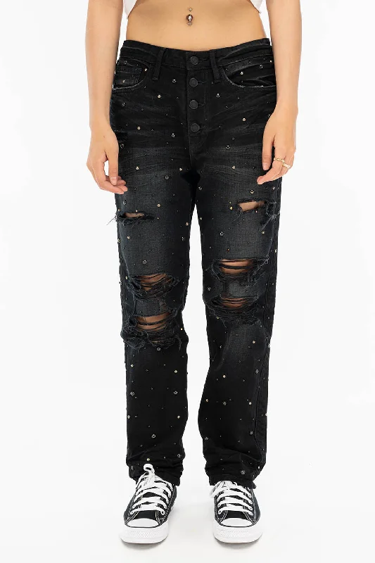 Leather Trim Jeans for Luxury -BOYFRIEND JEANS IN F_ED UP BLACK WITH BLACK AND SILVER STUDS