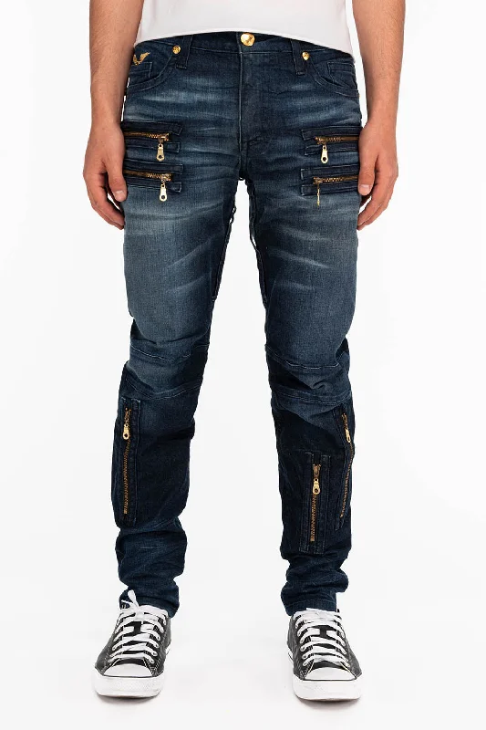 Stonewashed Jeans for Softness -MENS NEW BIKER SKINNY JEANS IN LIBERTY DARK BLUE WITH GOLD WINGS