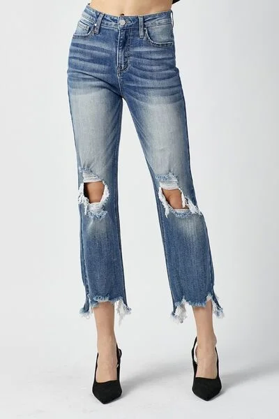 Side Pocket Jeans for Extra -RISEN High Waist Distressed Frayed Hem Cropped Straight Jeans