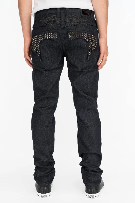 Jean Skirts for Feminine -MENS RAW DENIM SLIM FIT KILLER FLAP JEANS WITH WINGS STUDS AND CRYSTALS