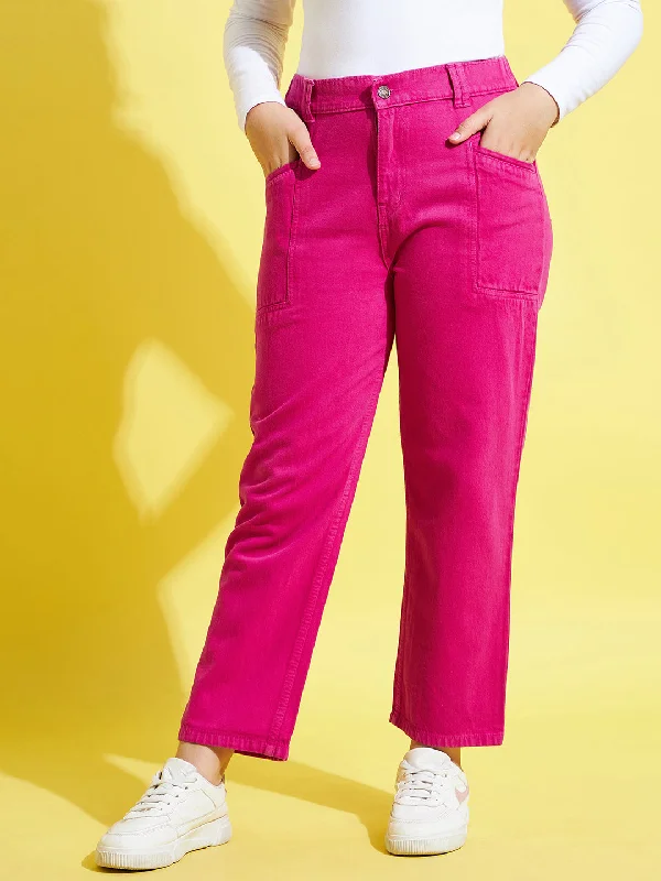 Distressed Jeans for Edgy Style -Girls Fuchsia Front Pocket Straight Jeans