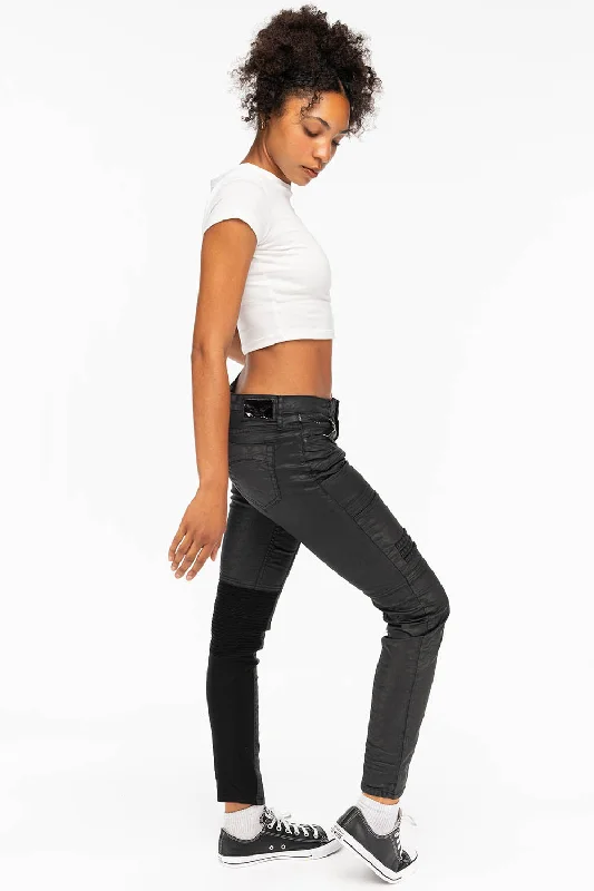 Mom Jeans for Vintage Appeal -ROBIN'S WOMENS SKINNY MOTO DY FABRIC JEANS IN BLACK