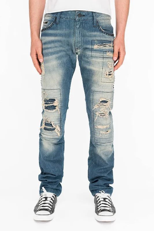 School Jeans for Uniform -CROSSED OUT LONG FLAP MENS JEANS IN 3D MEDIUM BROKEN WITH CRYSTALS