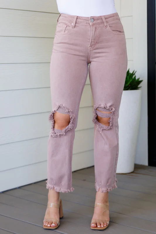 Faded Jeans for Laid-back -Babs High Rise Distressed Straight Jeans in Mauve