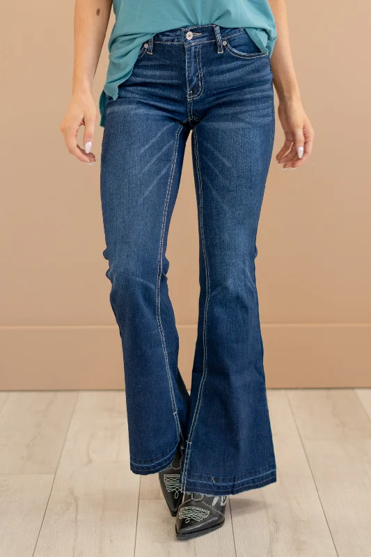 Embellished Back Pocket Jeans for Glamour -Heidi Mid Rise Flare Jeans