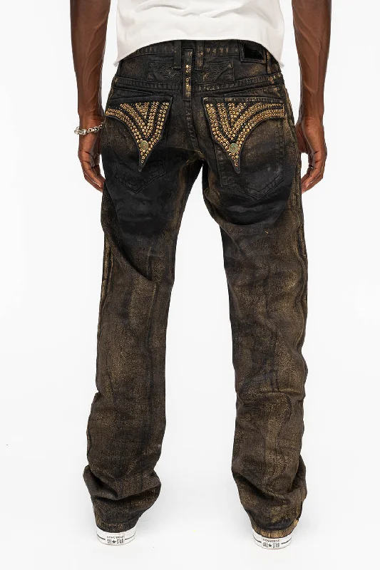 Birthday Jeans for Celebration -MENS LONG FLAP STRAIGHT CUT JEANS WITH CRYSTALS IN AERO BLACK