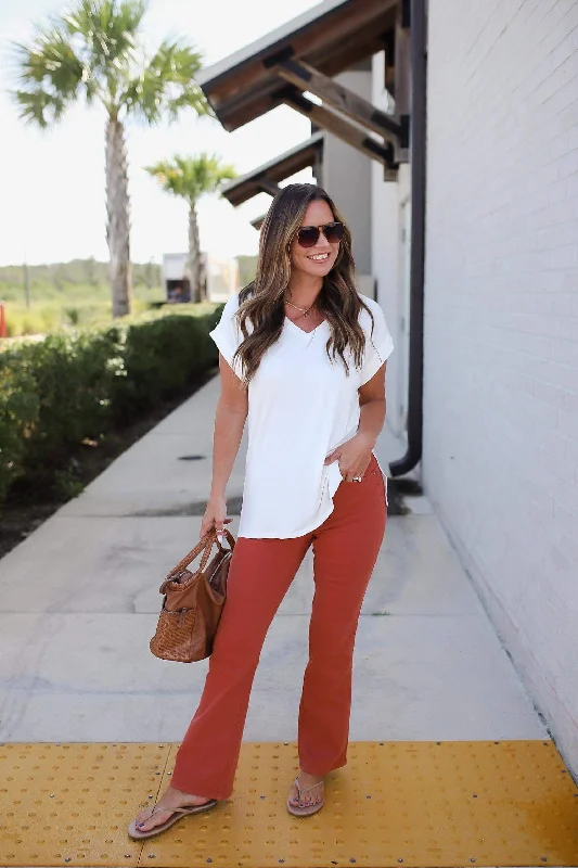 Shorts Jeans for Hot Days -Autumn Mid Rise Slim Bootcut Jeans in Terracotta