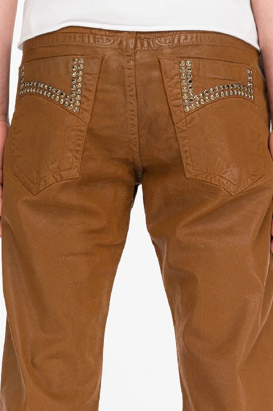 High-end Jeans for Exclusivity -CLASSIC 5 POCKET STRAIGHT LEG JEANS IN CUIR CARAMEL WITH STUDS AND CRYSTALS