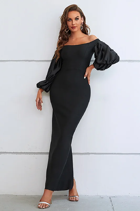 Sundress Dresses for Sunny -Mermaid Off The Shoulder Black Formal Dress with Puff Sleeves