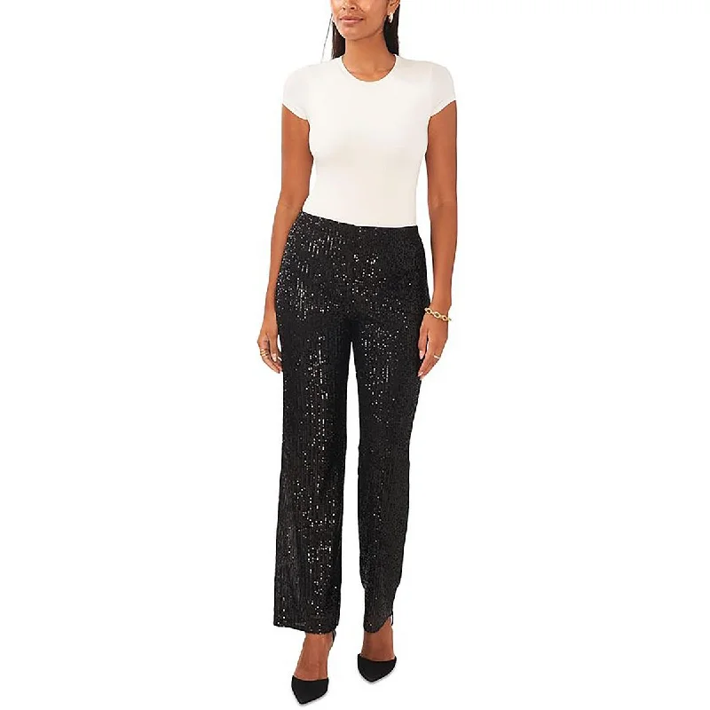 Fashion-forward tight trousers for women with metallic sheen and edgy design -MSK Womens Petites Sequined Mid-Rise Straight Leg Pants