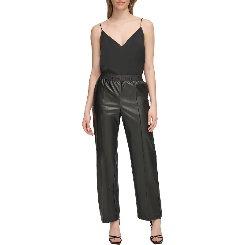 Tight trousers for women with pockets and slim silhouette for practical fashion -Calvin Klein Womens Faux Leather Banded Waist Straight Leg Pants