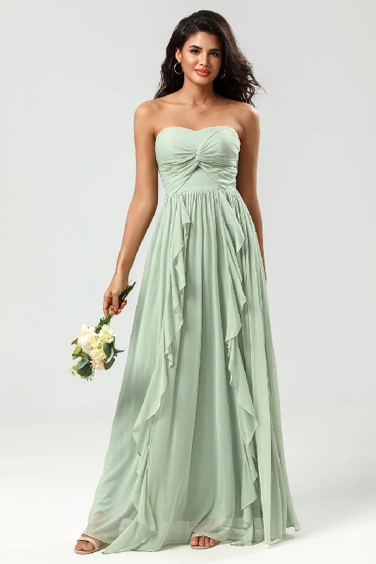 Floral Dresses for Romantic -Strapless A Line Chiffon Green Bridesmaid Dress with Pleated