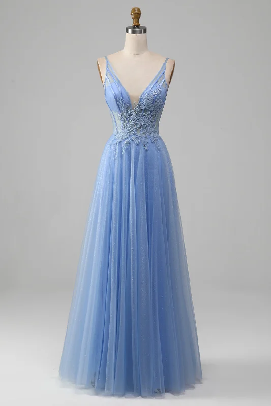 Animal Print Dresses for Fun -Light Blue A-Line V Neck Tulle Prom Dress With Appliques