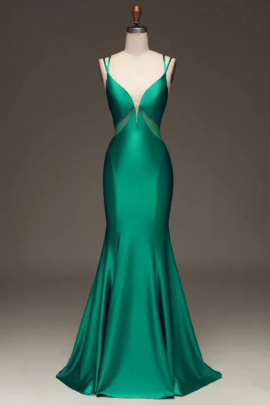 Fringed Dresses for Edgy -Green Deep V-neck Satin Mermaid Prom Dress with Lace-up Back