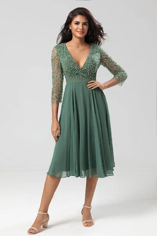 Work Dresses for Professional -Keeper of My Heart A Line V-Neck Eucalyptus Bridesmaid Dress with Long Sleeves