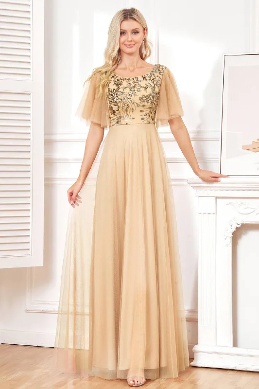 Polyester Dresses for Durable -Bat Sleeves A Line Tulle Champagne Formal Dress with Sequins