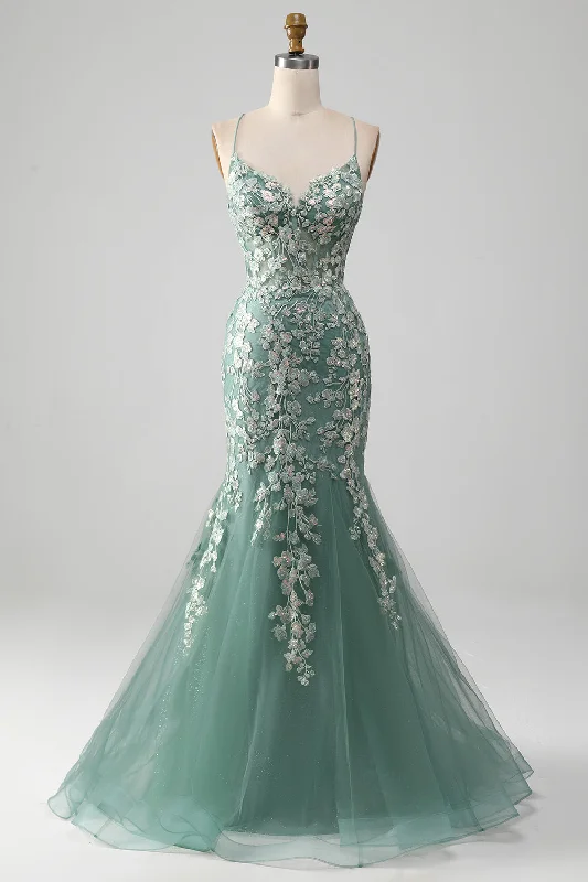 Midi Dresses for Versatile Wear -Mermaid Lace-Up Back Light Green Prom Dress with Appliques