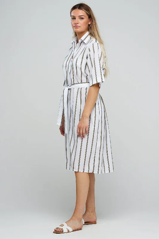 Leather Dresses for Luxury -Women's Straight Cotton Dress - Khaki White Stripe