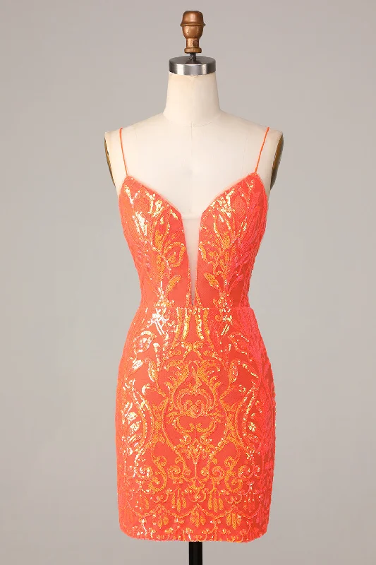 Ruffled Dresses for Girly -Sparkle 'til Dawn Bodycon Spaghetti Straps Orange Sequins Short Homecoming Dress