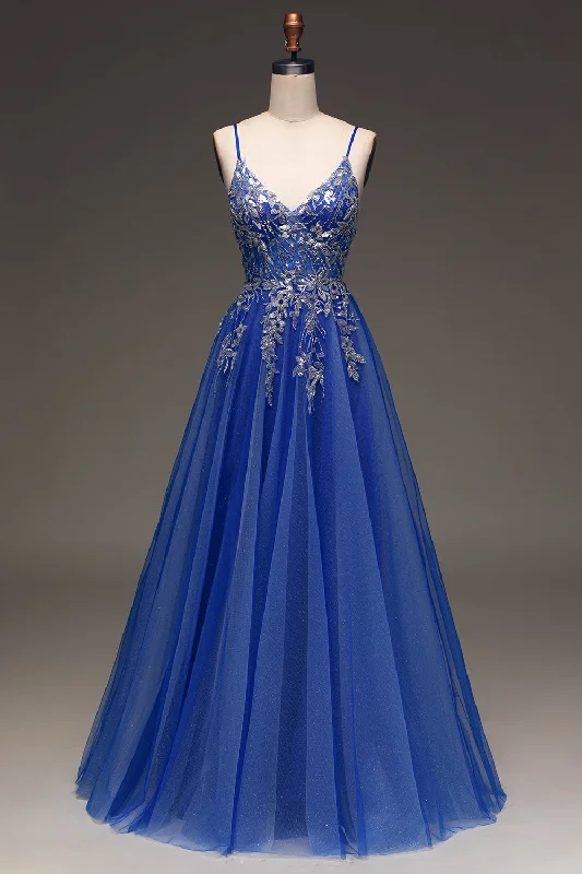 Minimalist Dresses for Simplicity -A-Line Sequins Royal Blue Prom Dress with Appliques