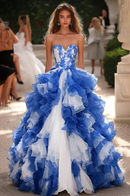 Work Dresses for Professional -Ball Gown Blue&White Ruffles Corset Sleeveless Long Prom Dress