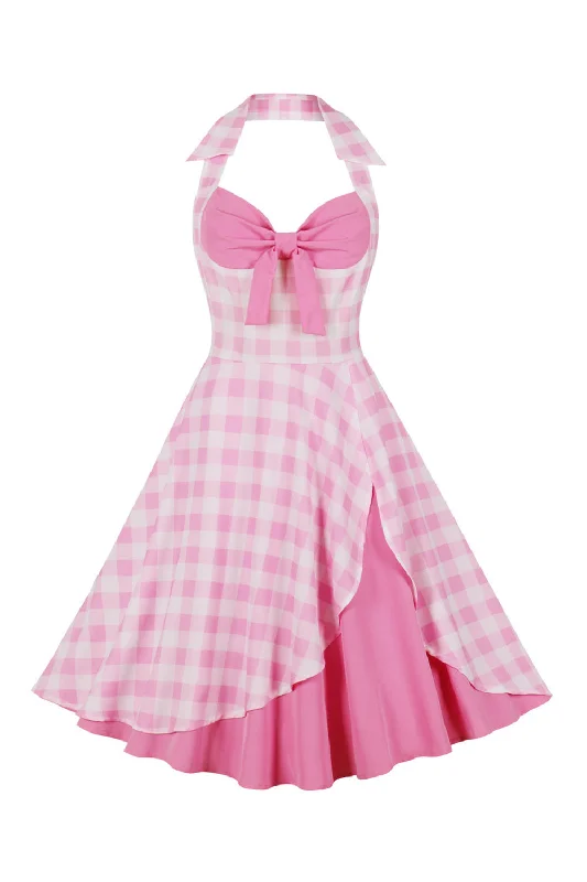 Indian Dresses with Intricacy -Retro Styles A Line Halter Neck Pink Plaid 1950s Dress