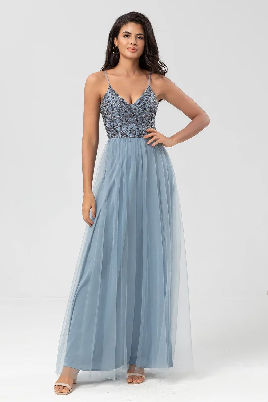 Birthday Dresses for Celebration -Chic Romantic A Line Spaghetti Straps Dusty Blue Long Bridesmaid Dress with Beading