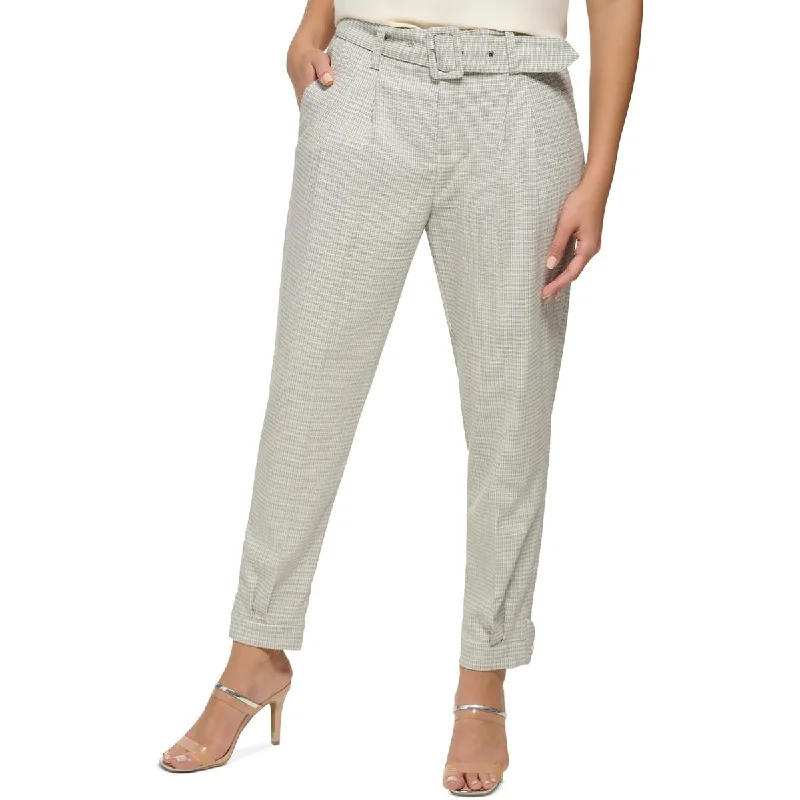 Tight trousers for women with decorative buttons and flattering silhouette for day wear -DKNY Womens Plaid High Rise Straight Leg Pants