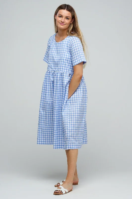 Faux Leather Dresses for Affordable -Crew Neck Gathered Dress - Blue & White Gingham