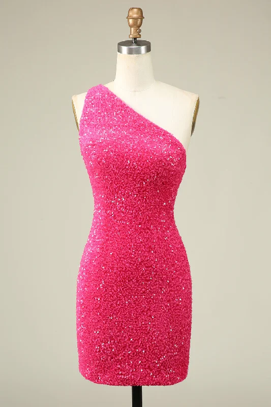 Ruffled Dresses for Girly -Bling Sheath One Shoulder Fuchsia Sequins Short Homecoming Dress