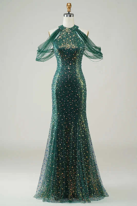 Vintage Dresses for Nostalgia -Sparkly Dark Green Sequin Mermaid Long Prom Dress