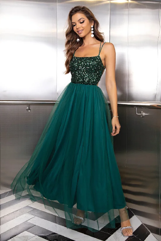 Hippie Dresses with Beads -Sparkly Tulle Lace-Up Back Pine Formal Dress with Sequins