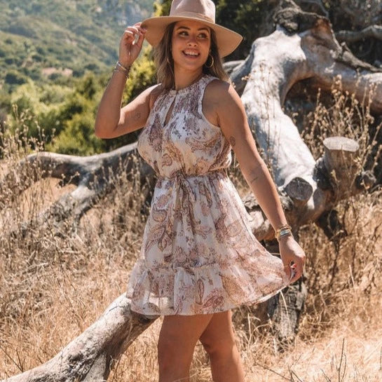 Printed Dresses with Patterns -Women's Sleeveless Floral Paisley Belted Mini Dress in Natural Dusty Rose