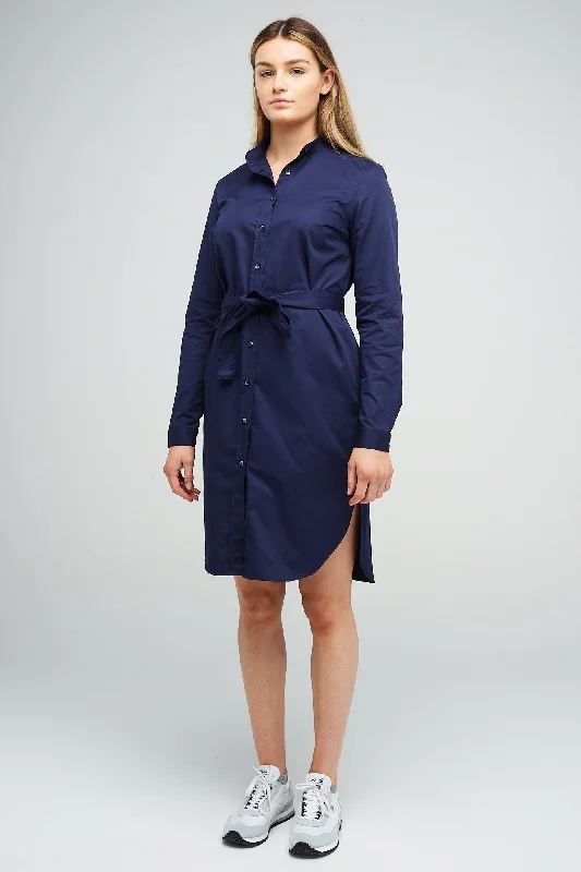 Satin Dresses for Shiny Look -Women's Collarless Shirt Dress Navy