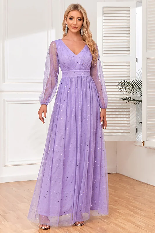 Brown Dresses for Earthy -A-Line Long Sleeves Lilac Formal Dress with Slit