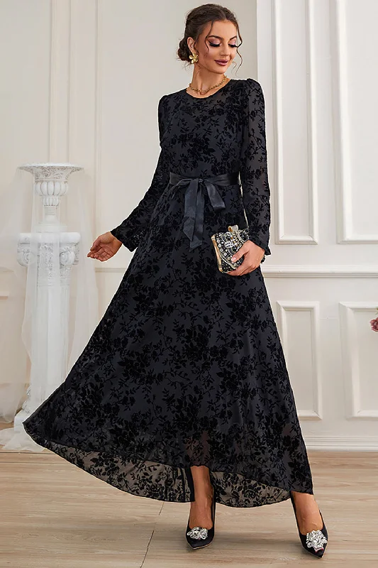 Party Dresses for Celebration -A-Line Long Sleeves Lace Black Formal Dress with Sash