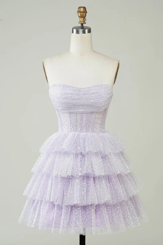 Celtic Dresses with Knotwork -Sparkly Light Purple Strapless Corset Polka Dots Tiered Cute Homecoing Dress