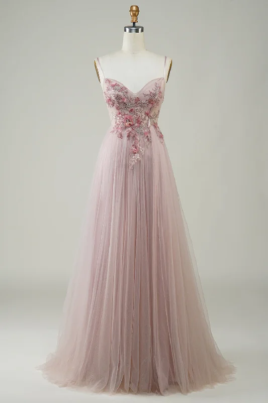 Retro Dresses for Throwback -Blush Corset A-Line Long Prom Dress with Flowers