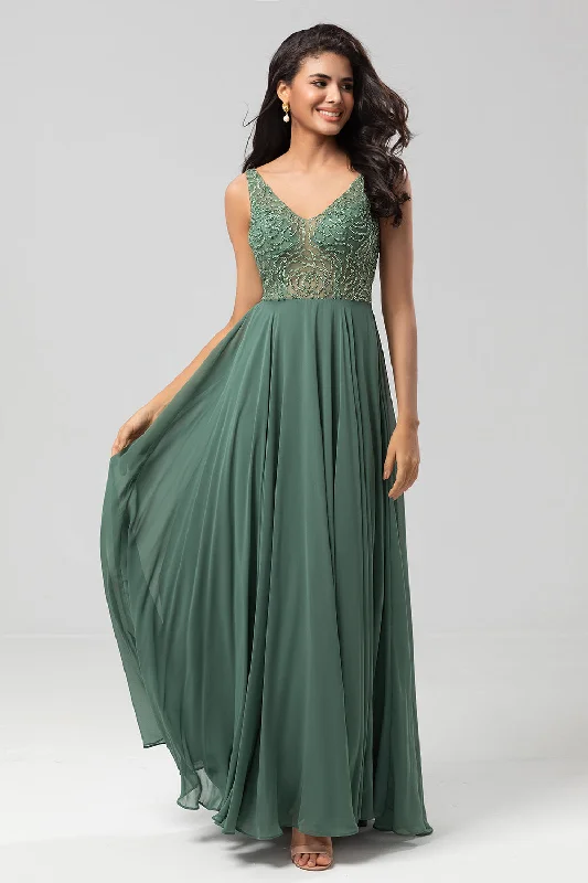 Fashionable Dresses for Style -Confidently Charismatic A Line V Neck Eucalyptus Long Bridesmaid Dress with Beading