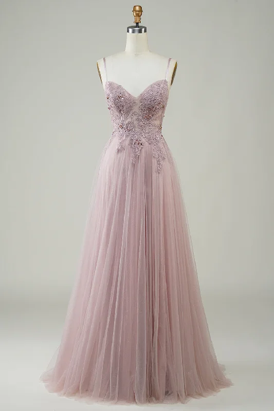 Punk Dresses with Spikes -Sparkly Blush A-Line Tulle Long Prom Dress with Lace