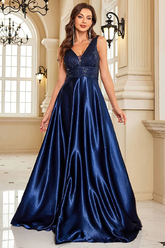 Maximalist Dresses for Bling -Navy Satin A-Line Formal Dress with Sequins