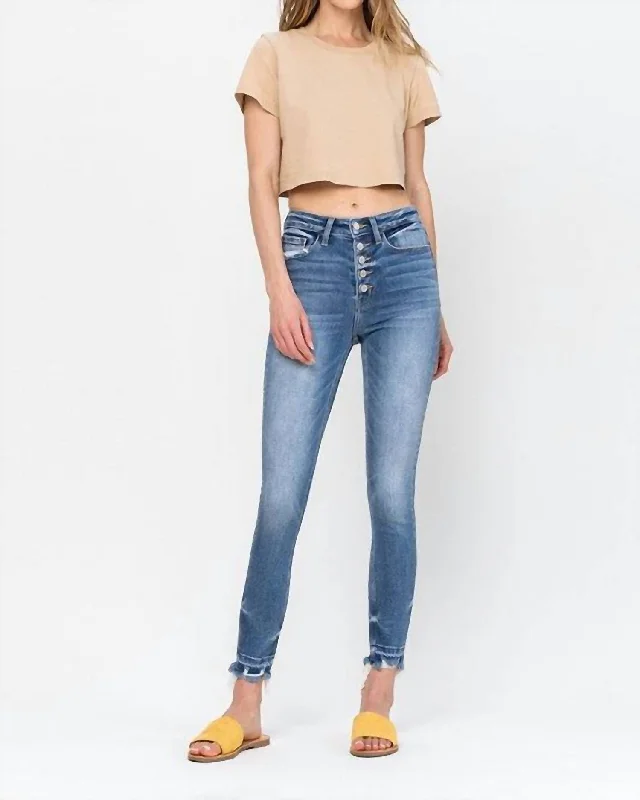 Tight trousers for women with cropped style and chic, modern finish -High Rise Hem Crop Skinny Jean In Medium Wash