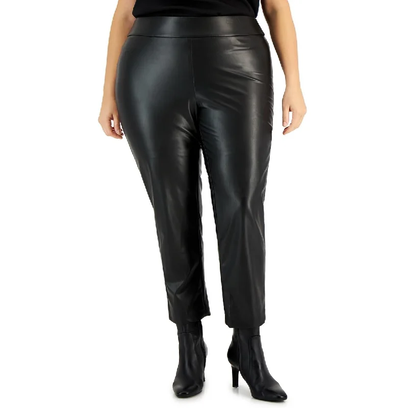 Loose-fit tight trousers for women with high waist and casual, comfortable style -Kasper Womens Plus High Rise Faux Leather Ankle Pants