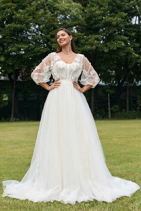 African Dresses with Culture -Ivory Puff Sleeves Corset Wedding Dress with 3D Flowers