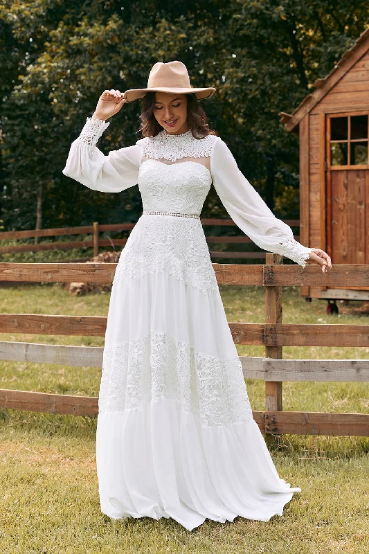 Mother's Day Dresses for Gift -Ivory Long Sleeves Boho Wedding Dress with Lace