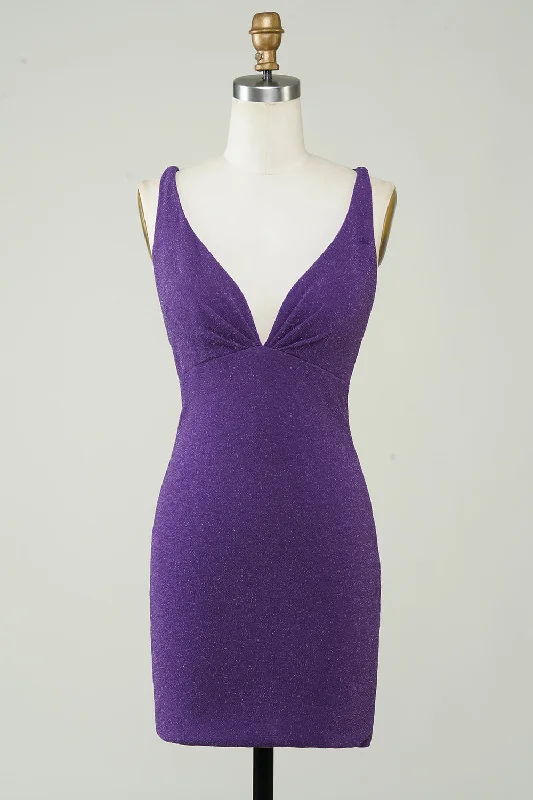 Sheath Dresses for Sophisticated -Stylish Deep V Neck Purple Short Homecoming Dress with Criss Cross Back