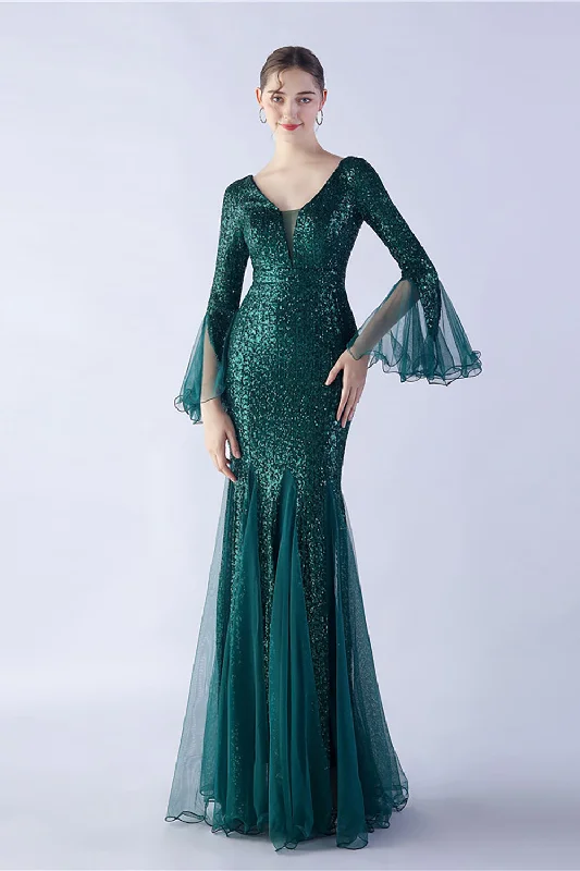 Linen Dresses for Breathable -Dark Green Sequin V-neck Long Sleeves Mermaid Formal Dress